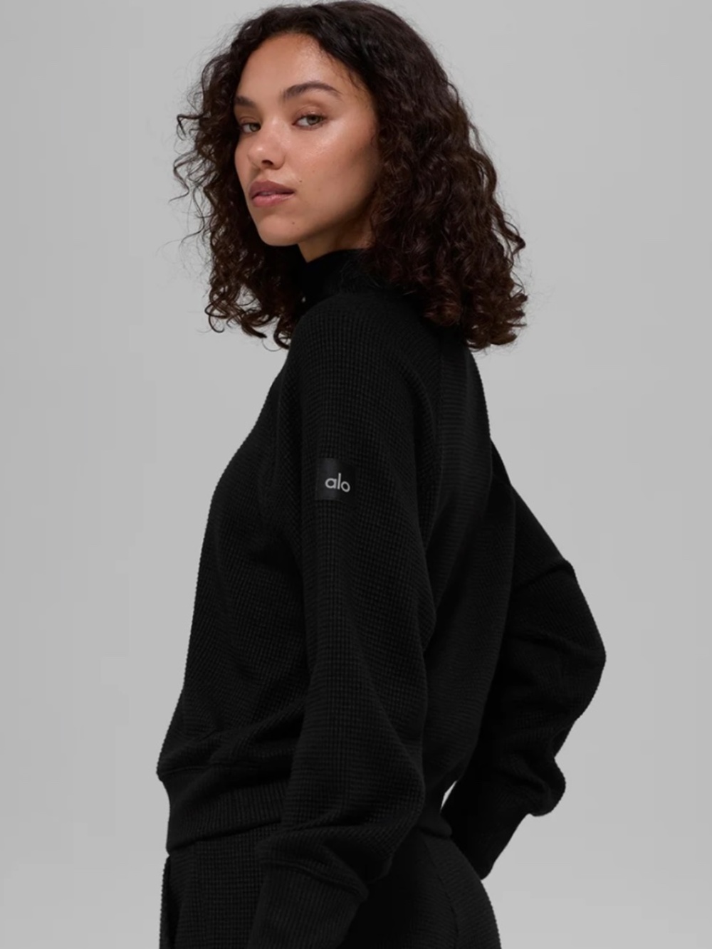 ALO Yoga Waffle Weekend Escape Mock Neck Long Sleeve Solid Black Size M